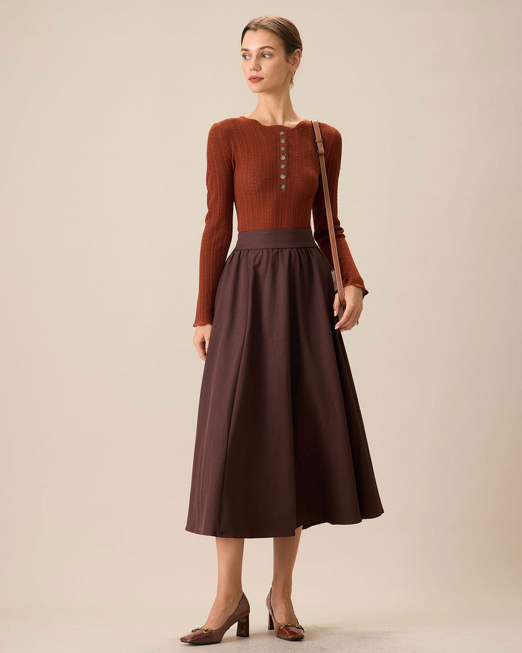 Women's Slim Fit Brown Round Neck Sweater