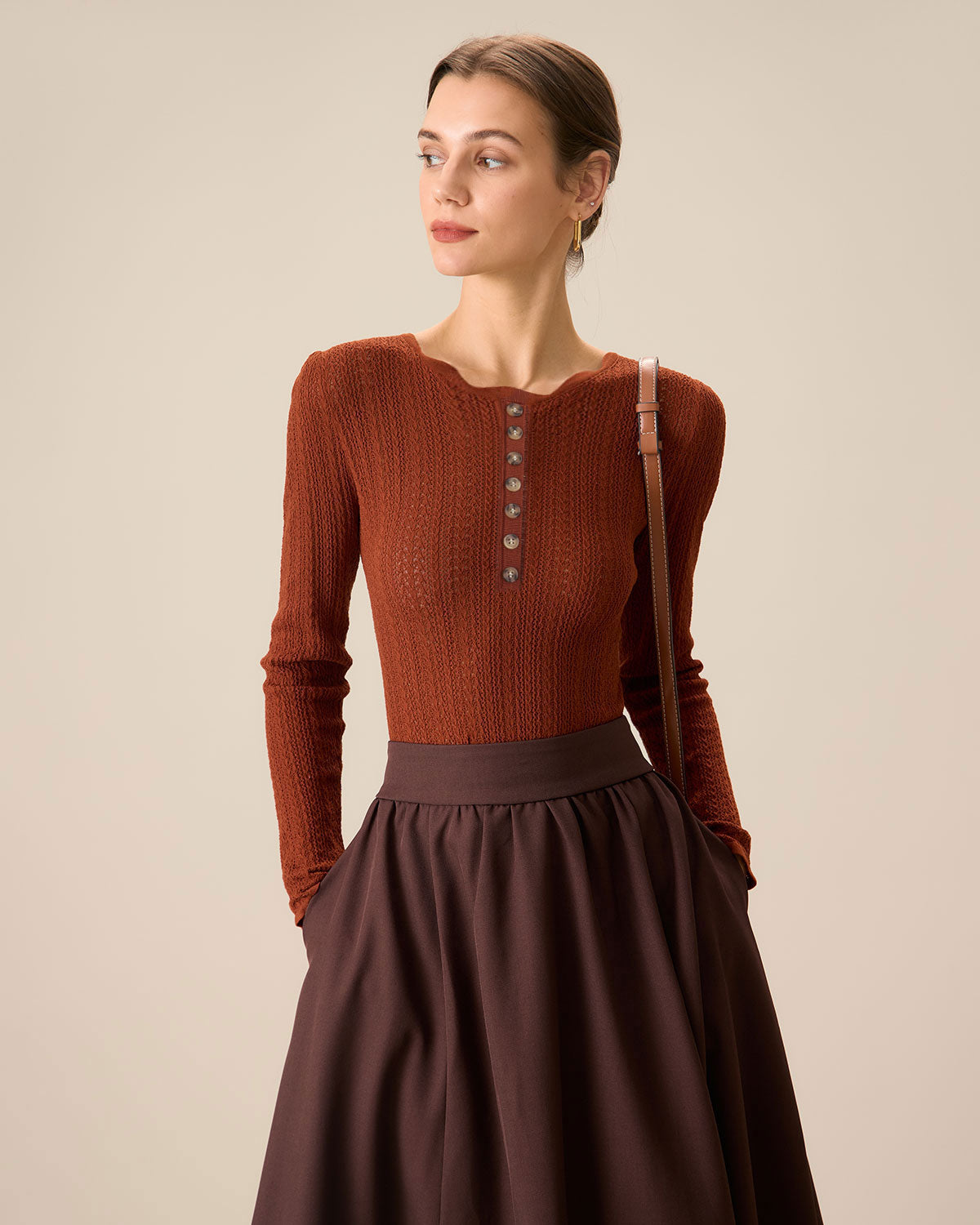 Women's Slim Fit Brown Round Neck Sweater