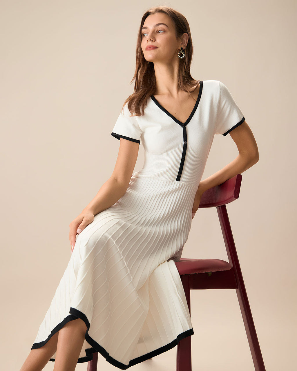 Women's Midi Dress with White Contrast Sweater Design
