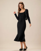 Women's Black Mermaid Maxi Dress with Square Neck Sweater Design