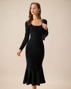 Women's Black Mermaid Maxi Dress with Square Neck Sweater Design