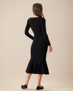 Women's Black Mermaid Maxi Dress with Square Neck Sweater Design