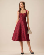 Red Jacquard Midi Dress with Sweetheart Neckline