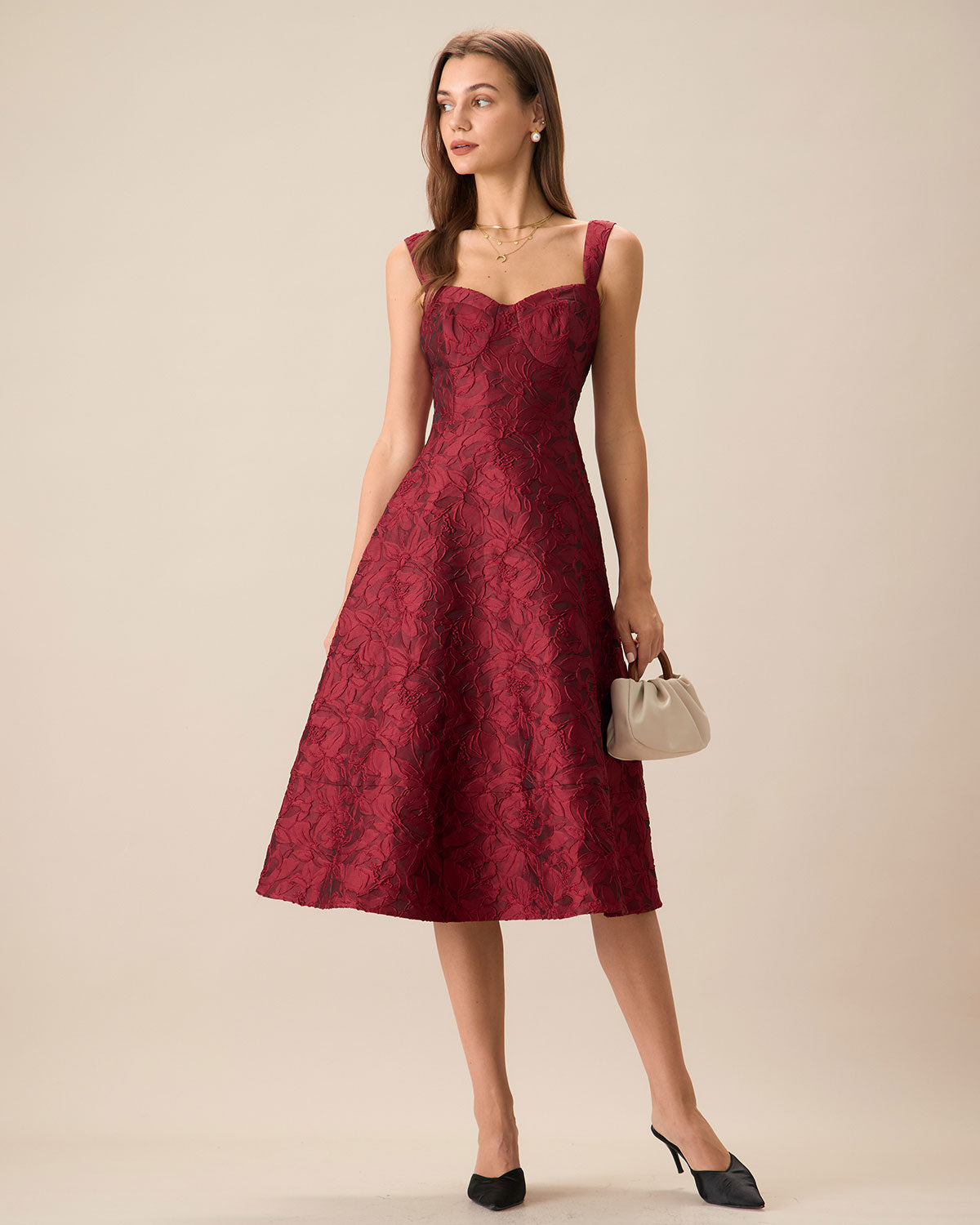 Red Jacquard Midi Dress with Sweetheart Neckline