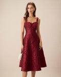 Red Jacquard Midi Dress with Sweetheart Neckline