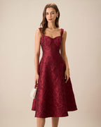 Red Jacquard Midi Dress with Sweetheart Neckline