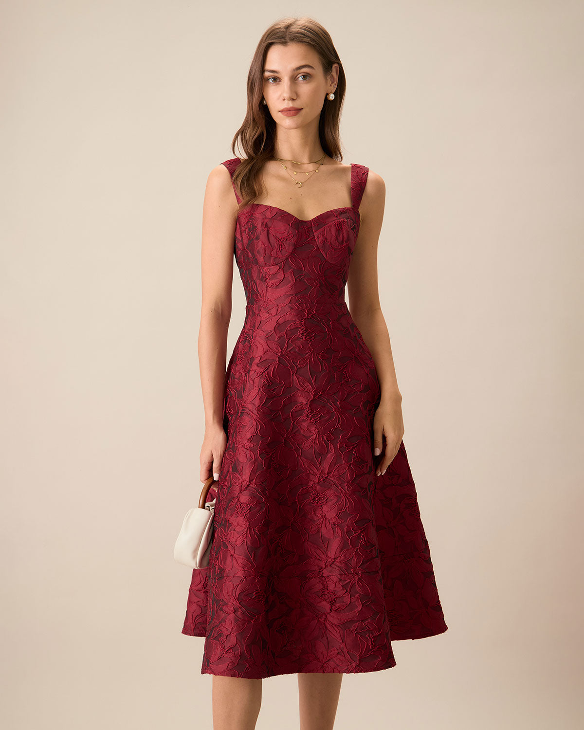 Red Jacquard Midi Dress with Sweetheart Neckline