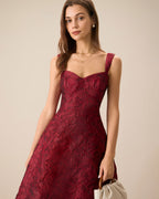 Red Jacquard Midi Dress with Sweetheart Neckline