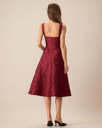 Red Jacquard Midi Dress with Sweetheart Neckline