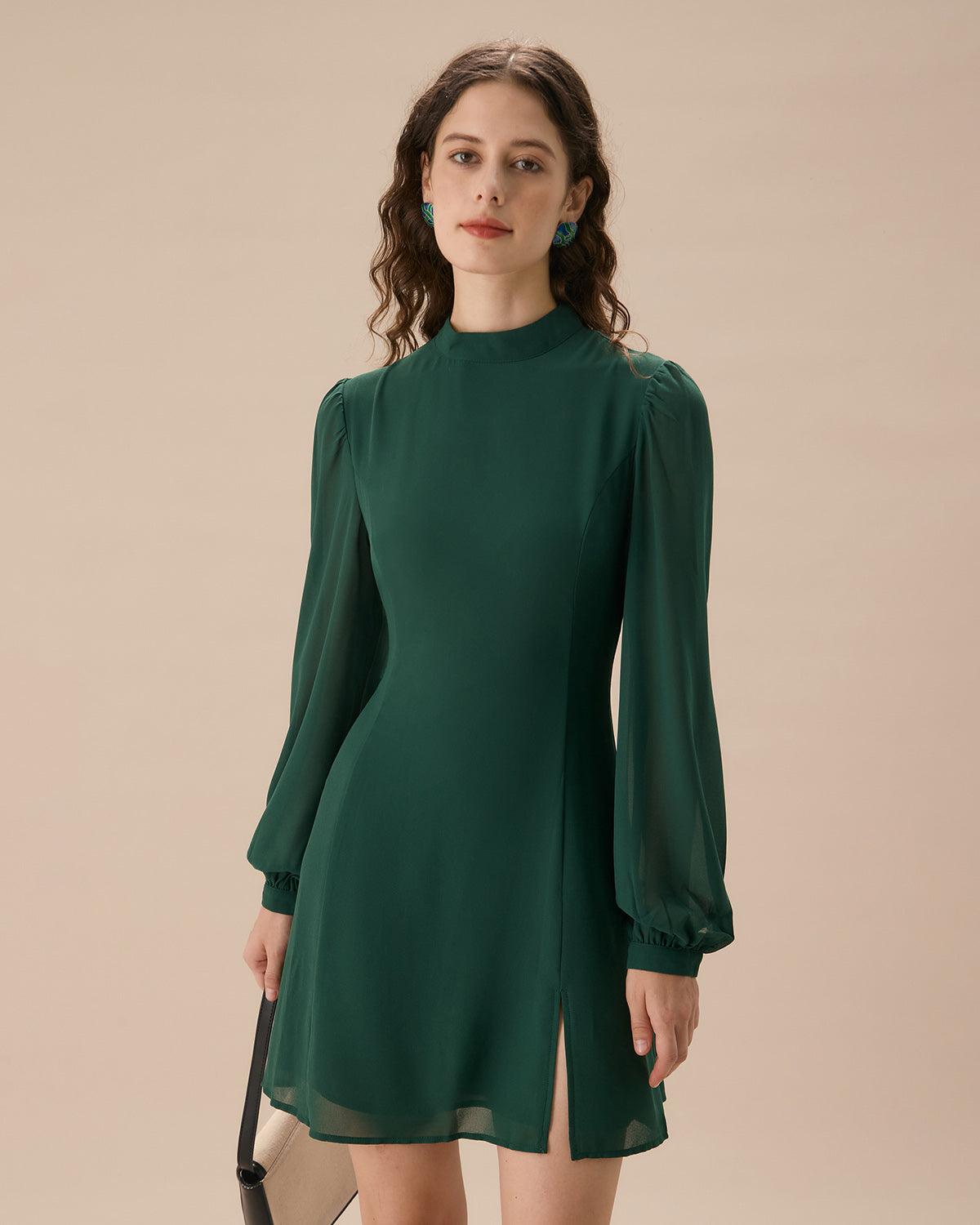 Green Sheer Mini Dress with Stand Collar and Slit