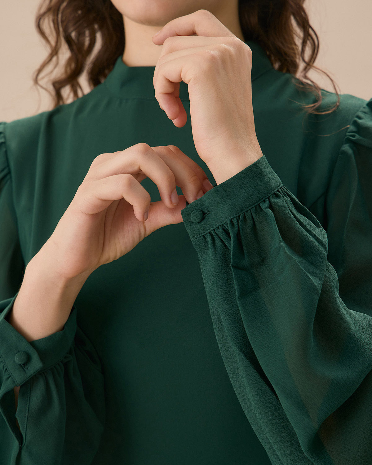 Green Sheer Mini Dress with Stand Collar and Slit