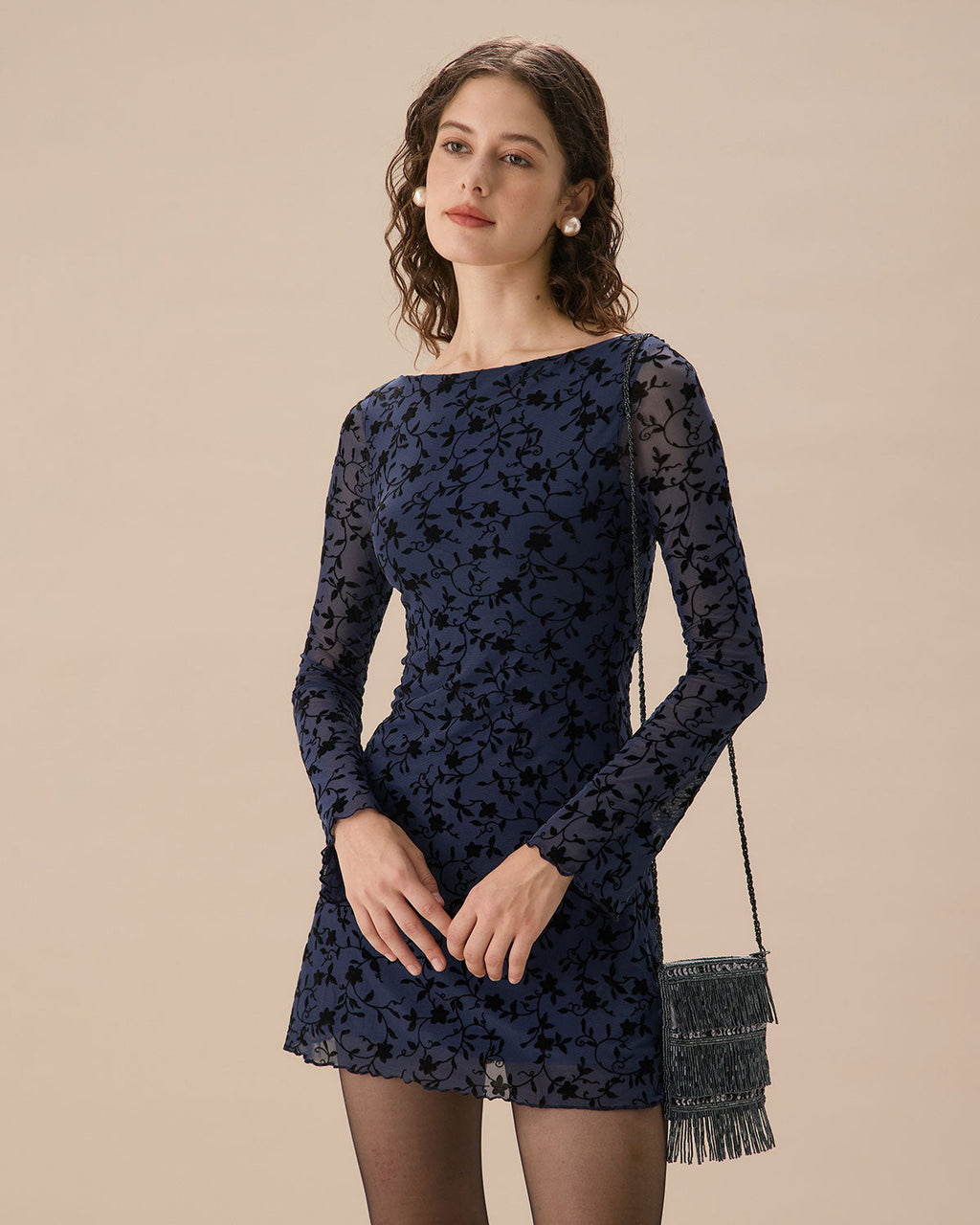 Women's Sheer Blue Long Sleeve Mini Dress