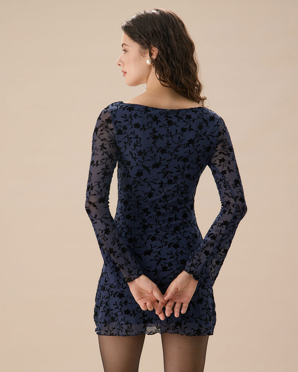 Women's Sheer Blue Long Sleeve Mini Dress