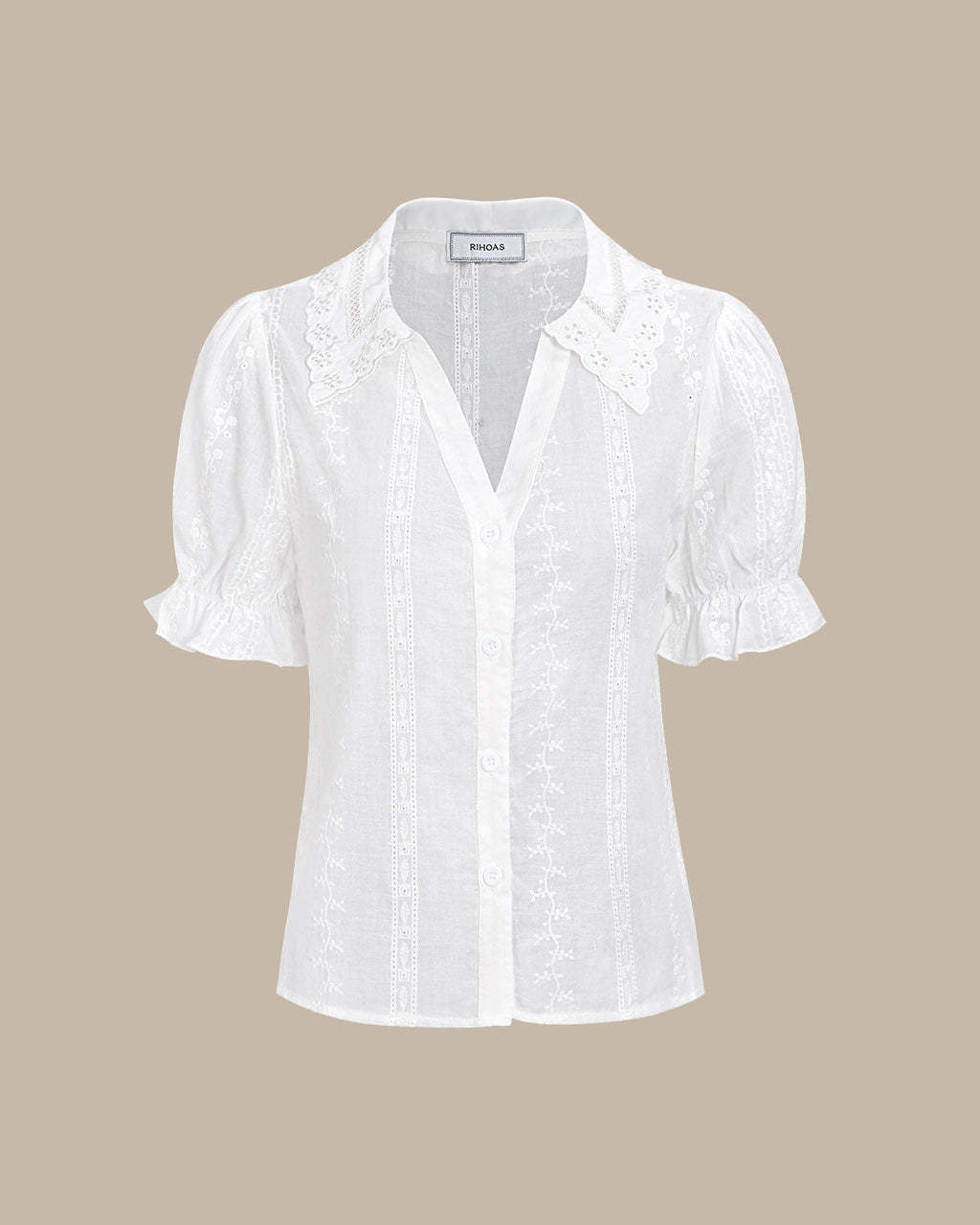 Women's White Cotton Blouse with Lace Embroidery and Collared Design
