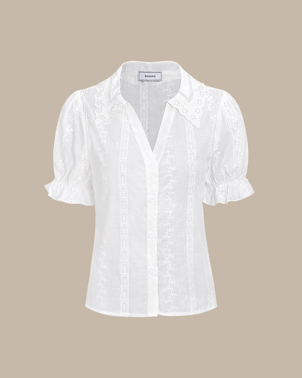 Women's White Cotton Blouse with Lace Embroidery and Collared Design