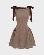 Brown Gingham Mini Dress with Tie Straps