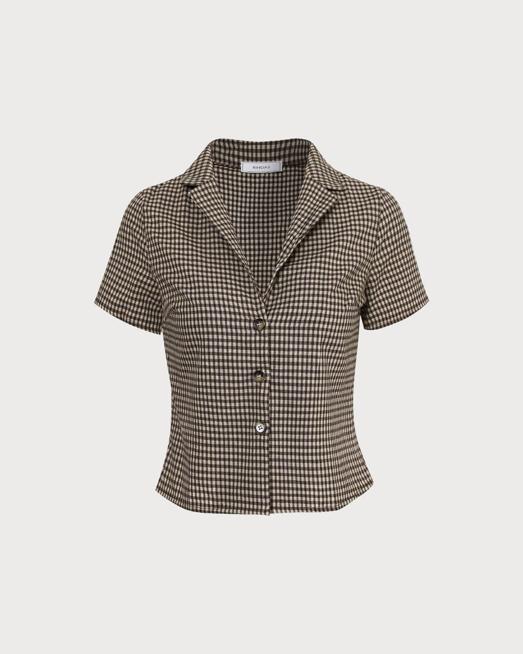 Brown Gingham Short Sleeve Blouse with Lapel