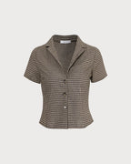 Brown Gingham Short Sleeve Blouse with Lapel