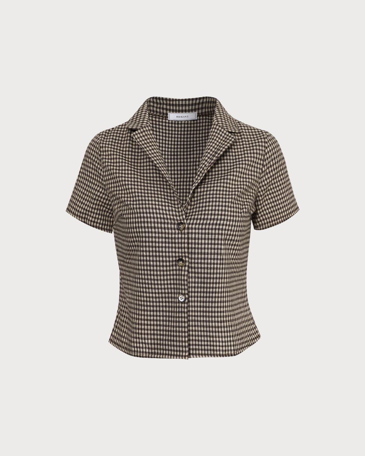 Brown Gingham Short Sleeve Blouse with Lapel