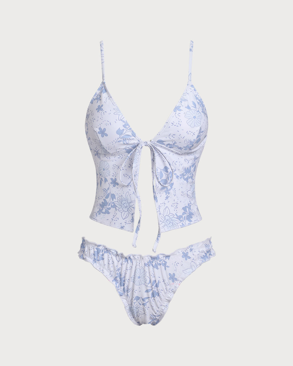 Floral Blue Tie-Front Tankini Set