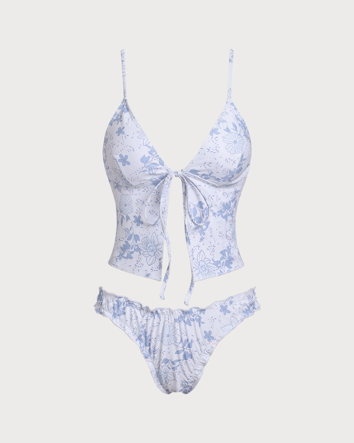 Floral Blue Tie-Front Tankini Set