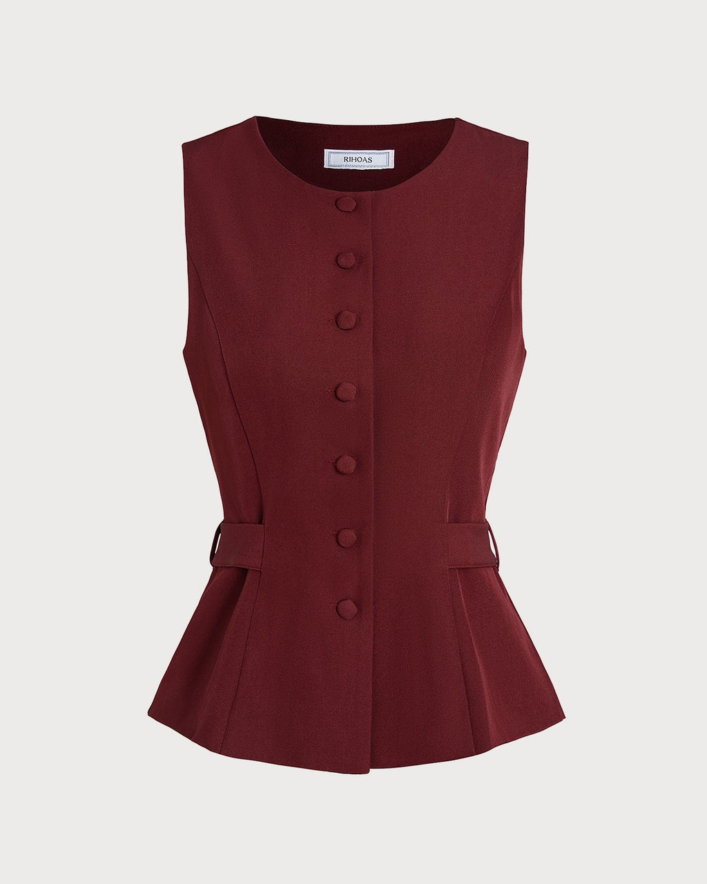 Wine Red Belted Vest with Button Details