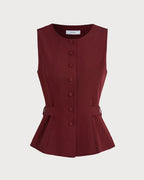 Wine Red Belted Vest with Button Details