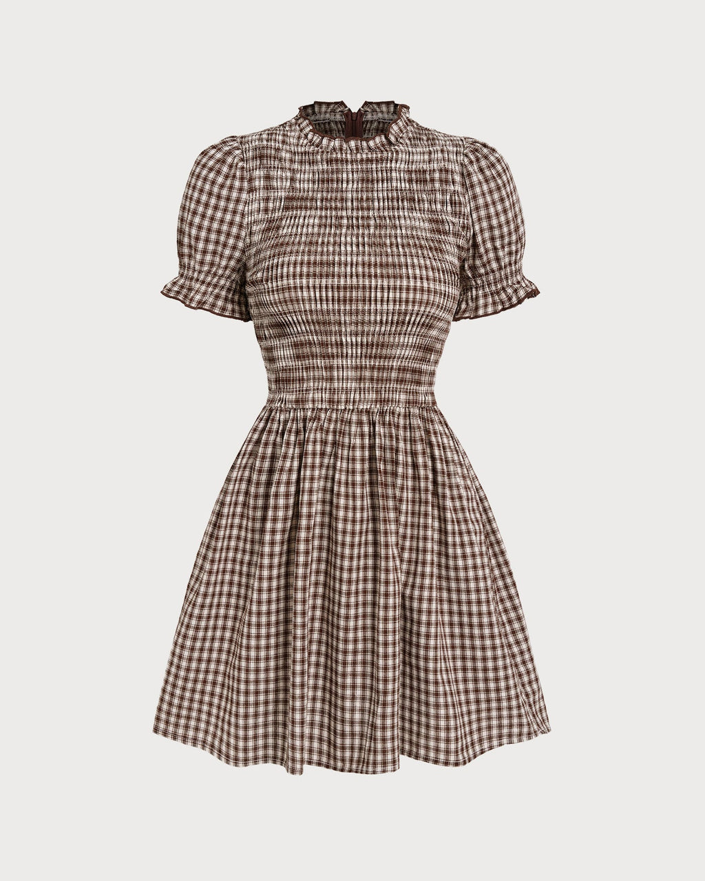 Coffee Check Puffed Sleeve Mini Dress