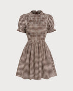Coffee Check Puffed Sleeve Mini Dress