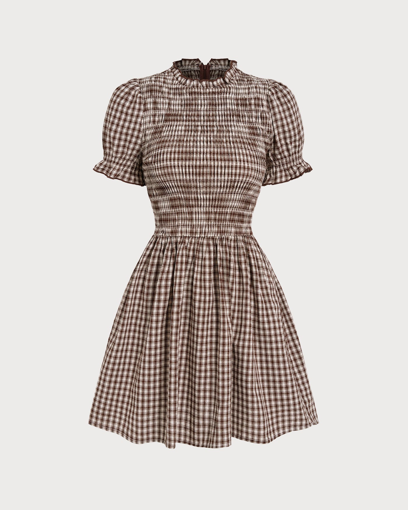 Coffee Check Puffed Sleeve Mini Dress