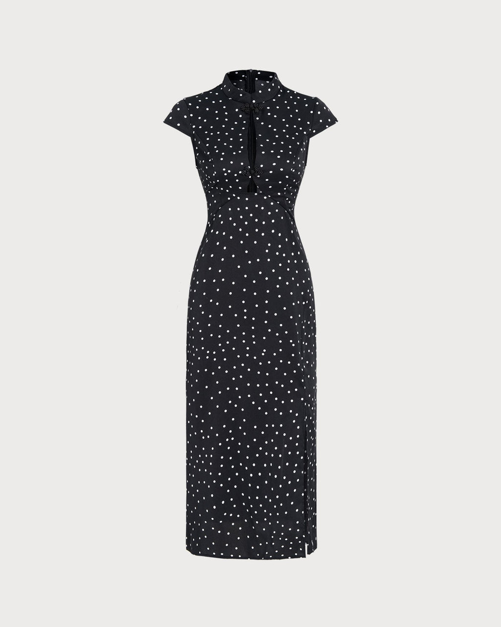 Polka Dot Midi Dress with Black Mandarin Collar