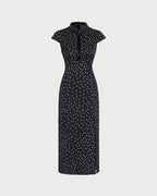 Polka Dot Midi Dress with Black Mandarin Collar