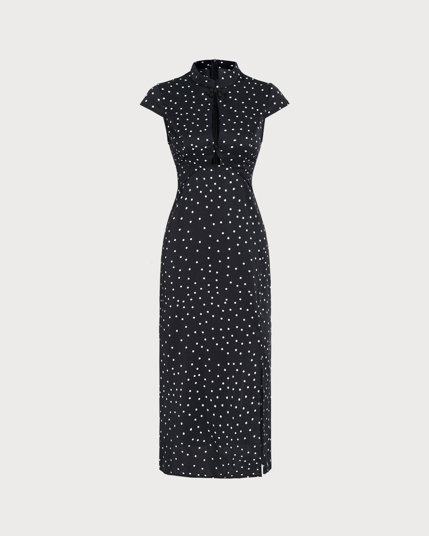 Polka Dot Midi Dress with Black Mandarin Collar