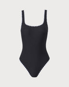 Black Ribbed One-Piece Swimsuit with Contrast Details