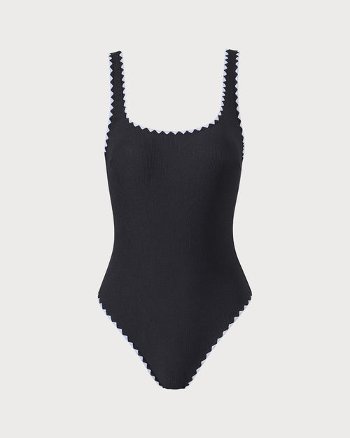 Black Ribbed One-Piece Swimsuit with Contrast Details