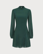 Green Sheer Mini Dress with Stand Collar and Slit