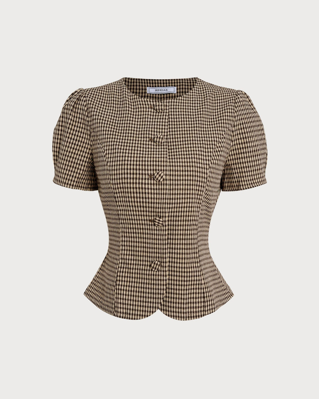 Brown Checkered Puff Sleeve Top