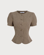 Brown Checkered Puff Sleeve Top