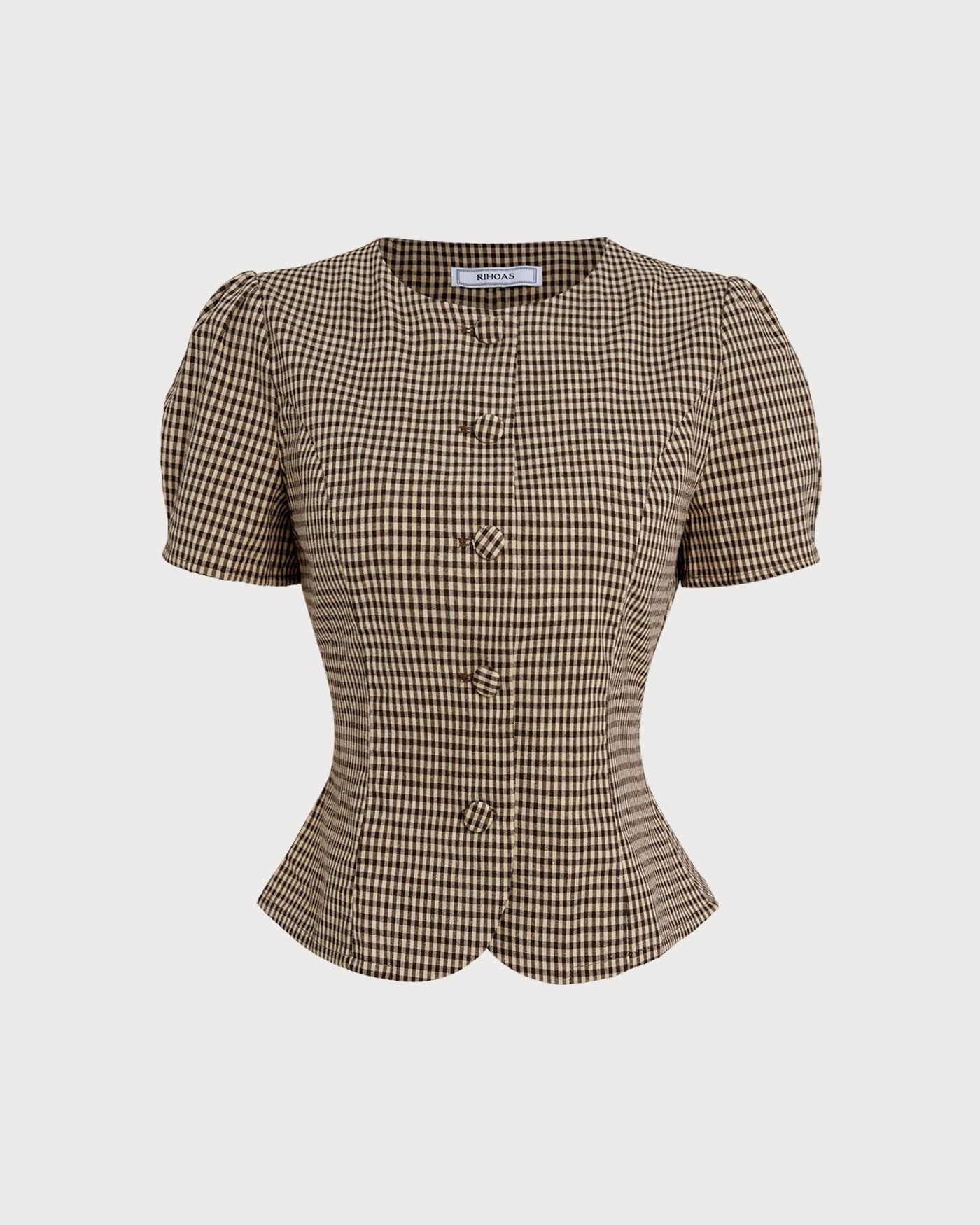 Brown Checkered Puff Sleeve Top