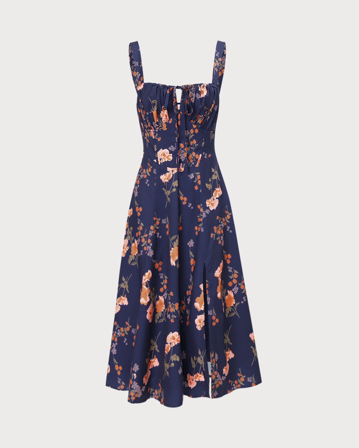 Navy Floral Ruched Midi Dress with Lace-Up Detail
