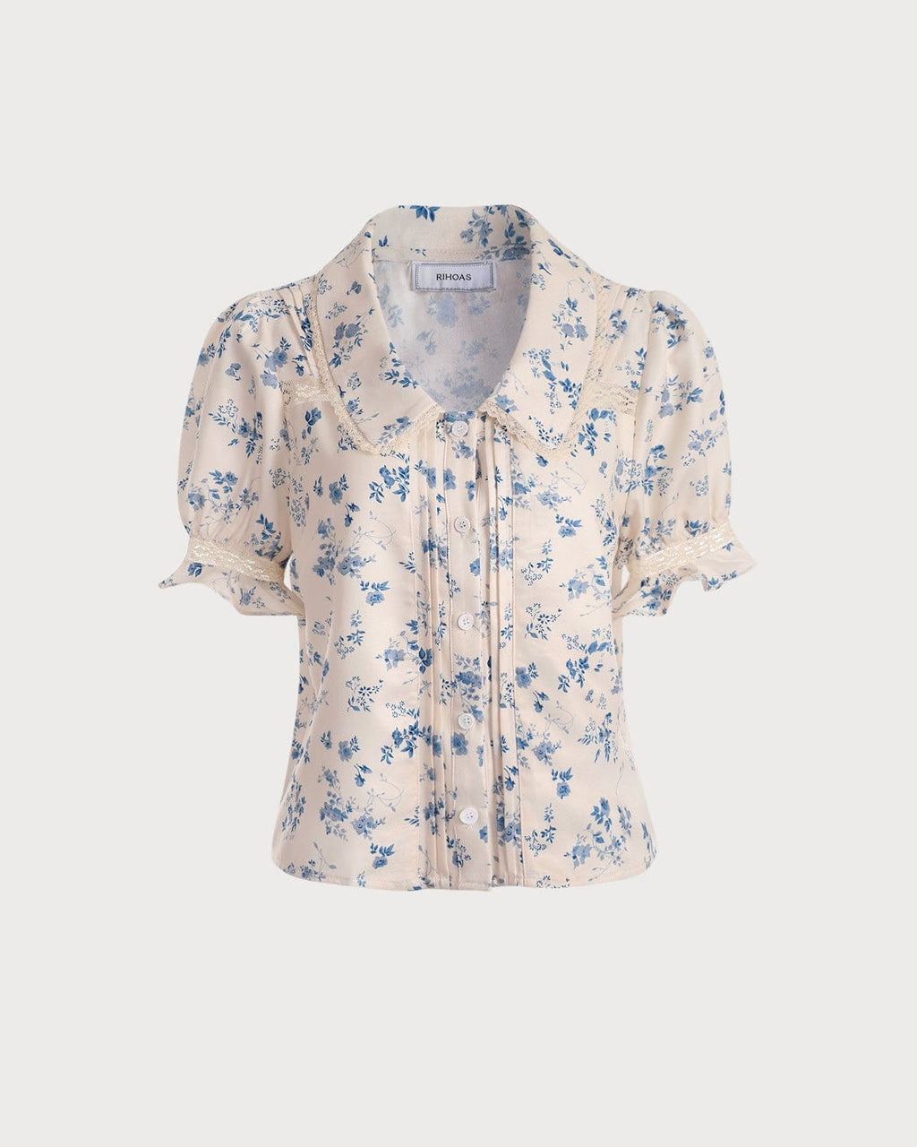 Lace-Trimmed Pleated Floral Blouse