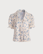 Lace-Trimmed Pleated Floral Blouse