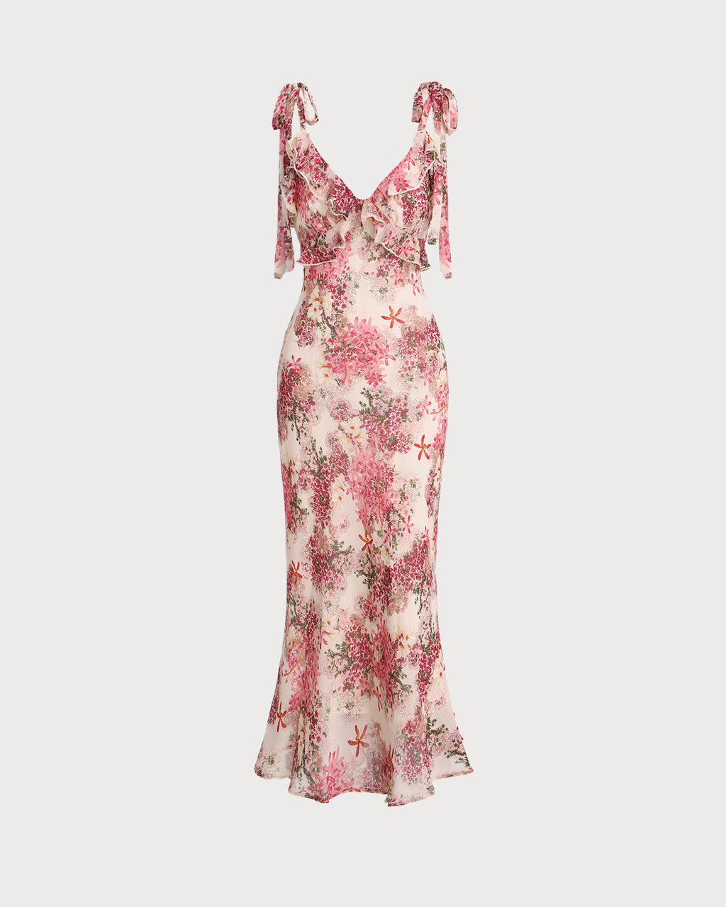 Floral Pink Midi Dress with Ruffled Tie Straps