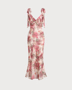 Floral Pink Midi Dress with Ruffled Tie Straps