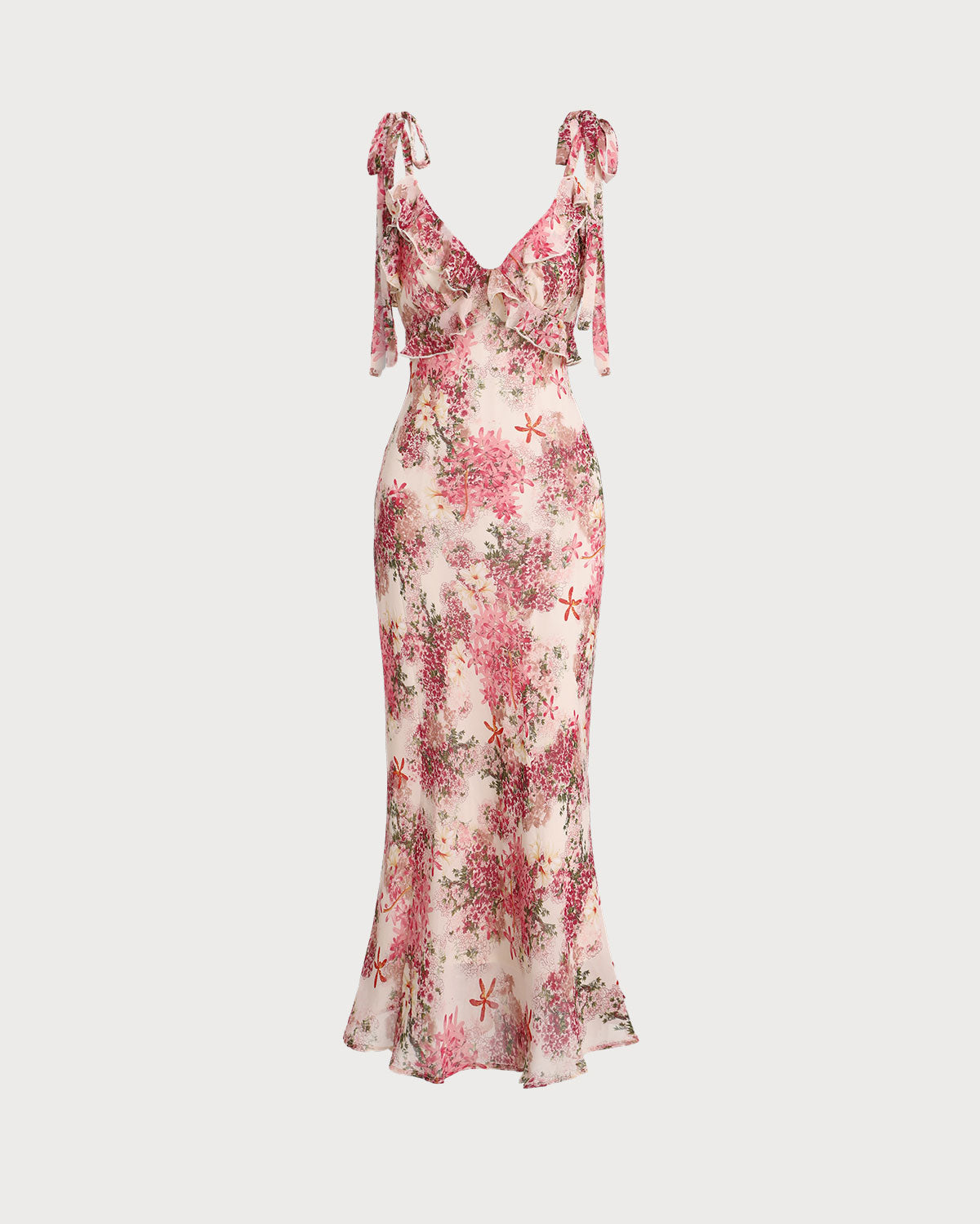 Floral Pink Midi Dress with Ruffled Tie Straps