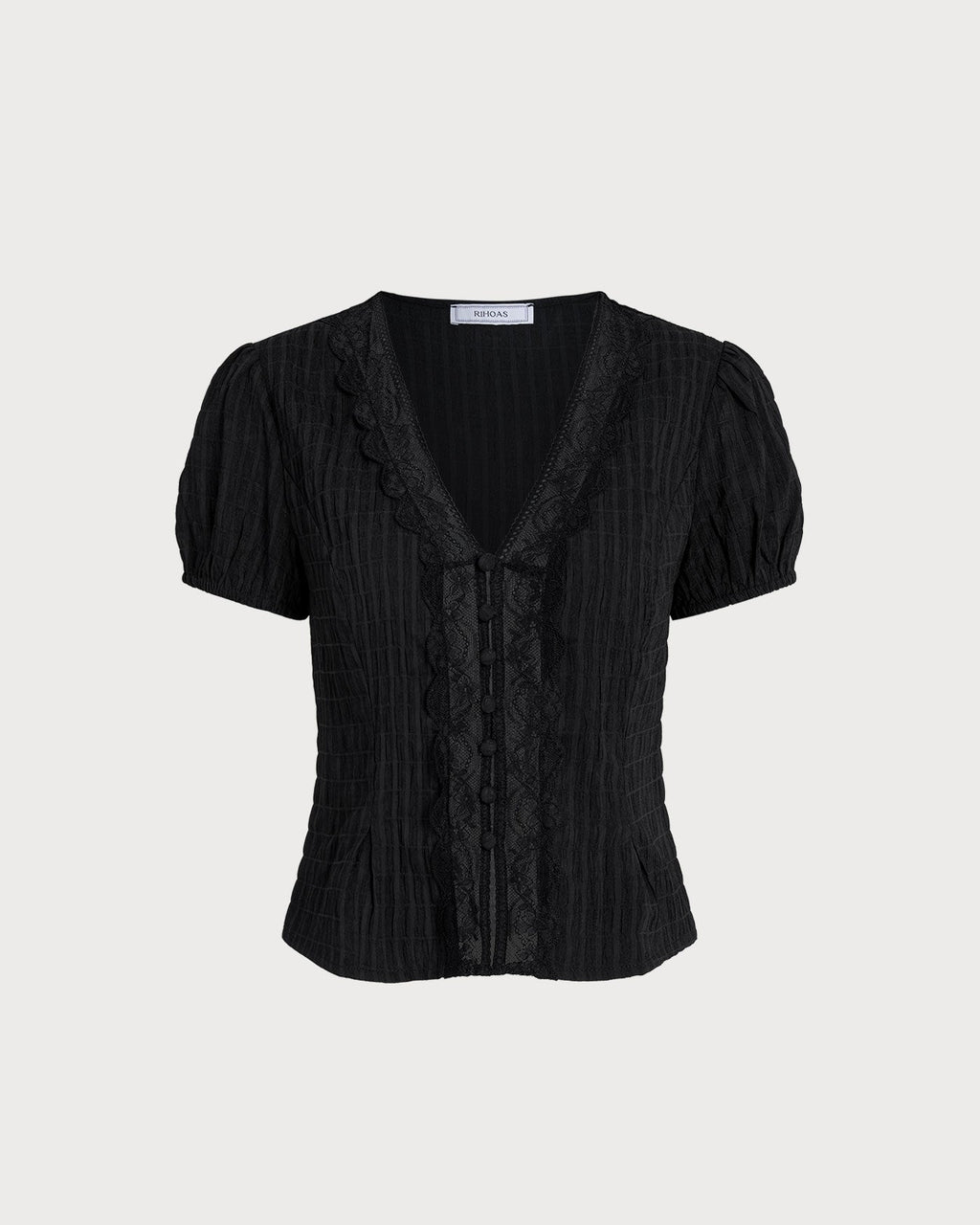 Black Lace Jacquard Button-Up Blouse