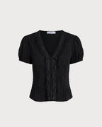 Black Lace Jacquard Button-Up Blouse