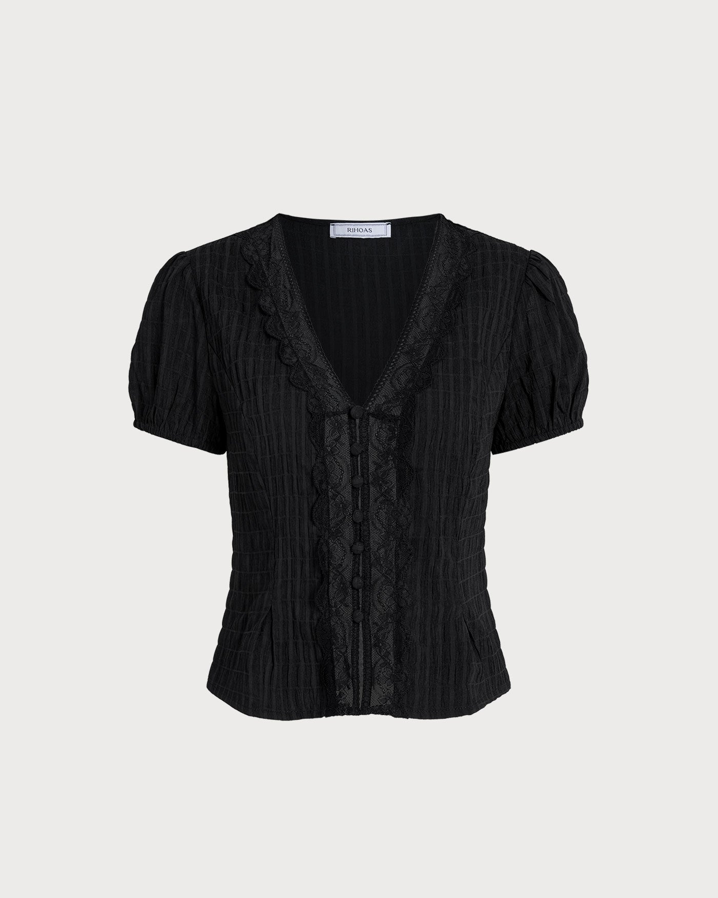 Black Lace Jacquard Button-Up Blouse