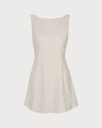 Beige Textured Mini Dress with Boat Neck