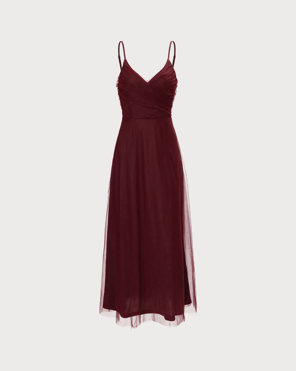 Wine Red V-Neck Mesh Maxi Dress with Wrap Detail